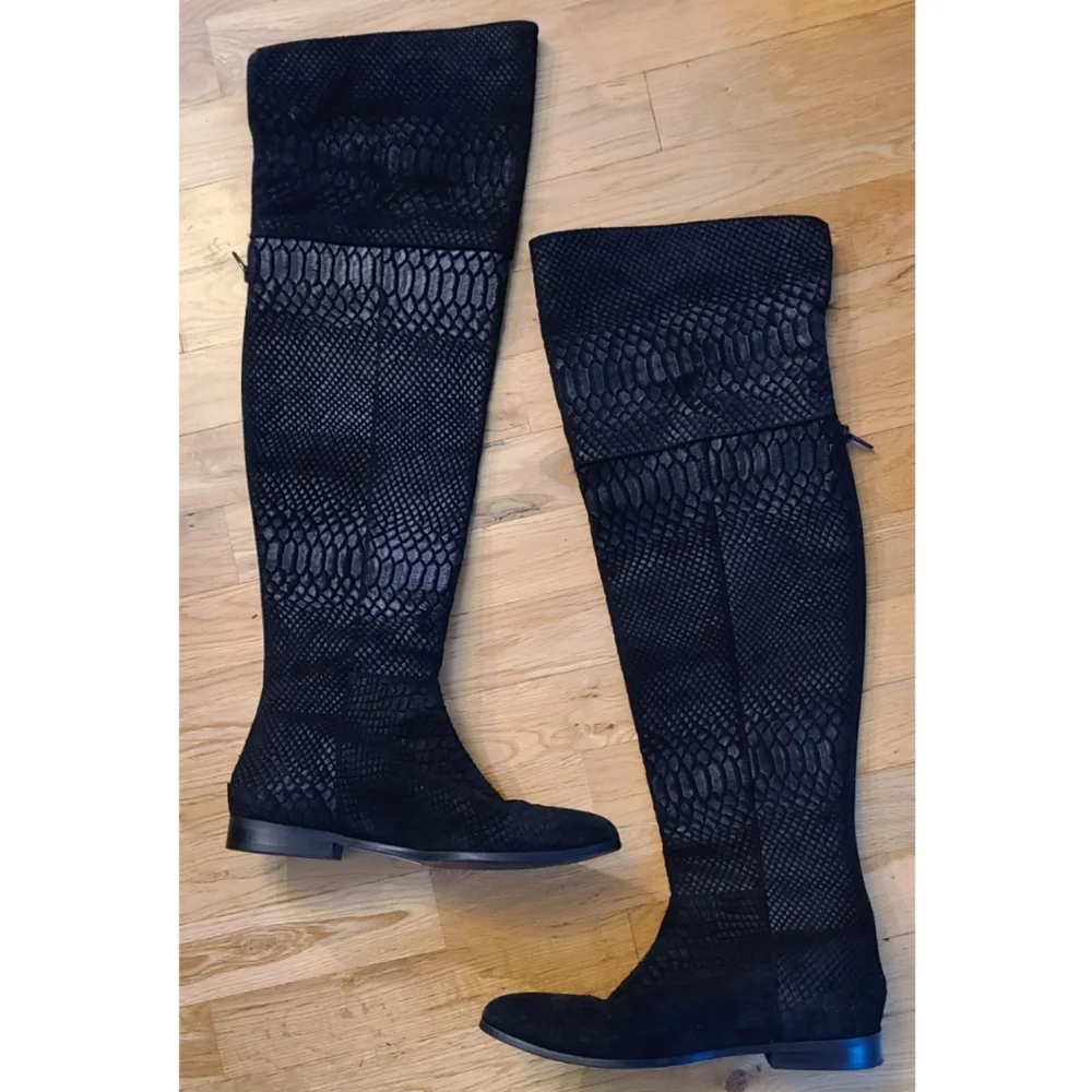 Seychelles Anthropologie Black Victory Croc Over The Knee Boots Leather Size 7
